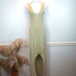 WOW Coutour gold V neck knit sleeveless bodycon glam maxi dress size large